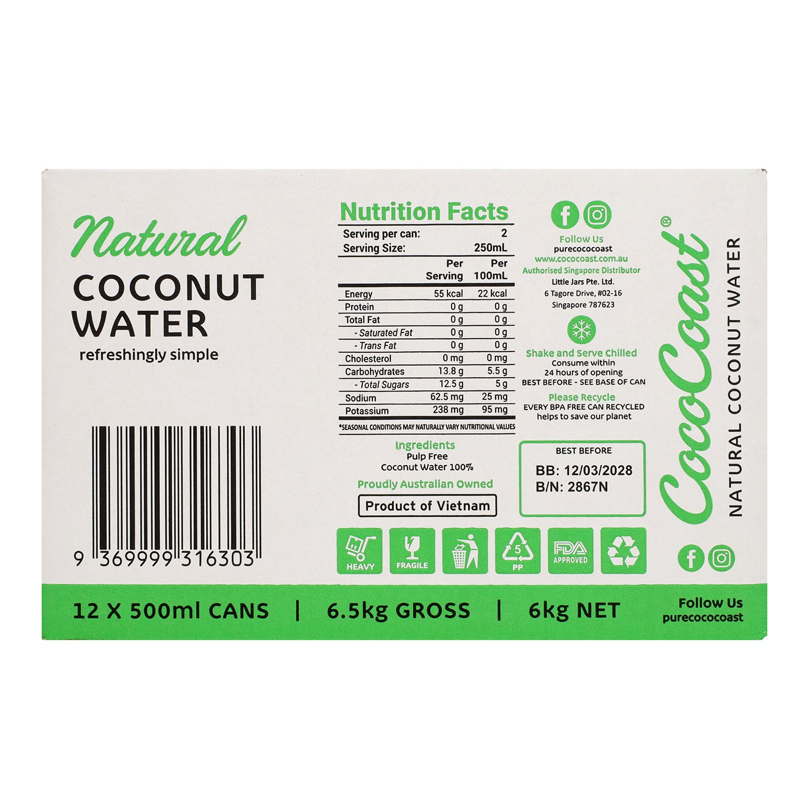 CocoCoast Natural Coconut Water 500ml | Pure Young Coconut Hydration