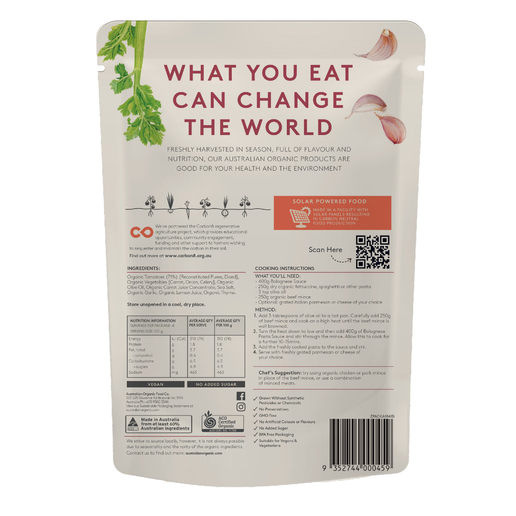 Australian Organic Food Co. Bolognese Pasta Sauce 400g