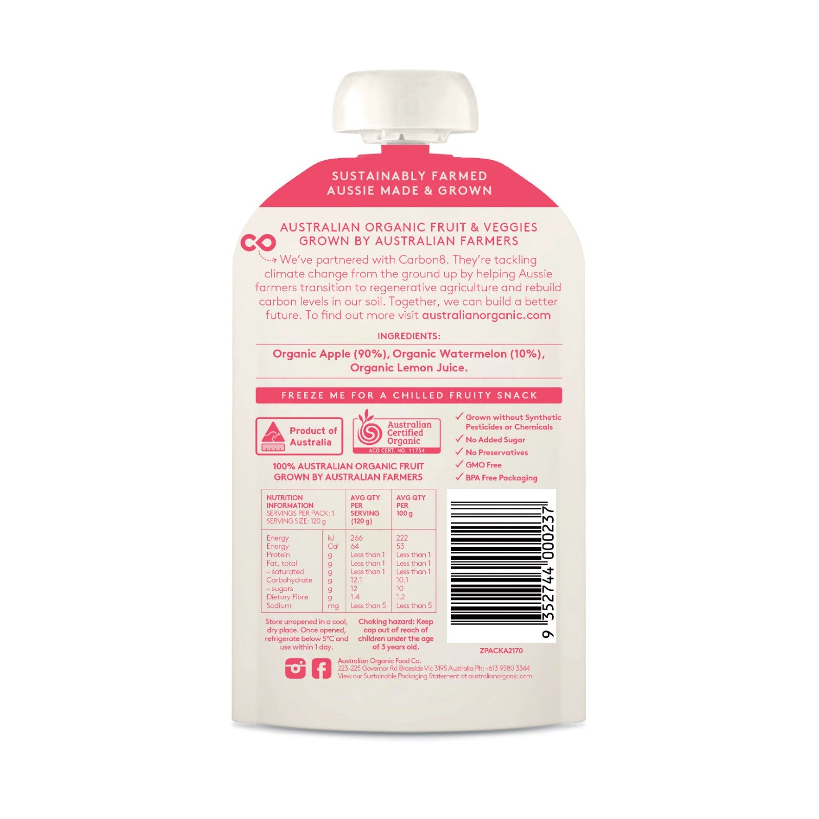 Australian Organic Food Co. Apple & Watermelon Fruit Puree 120g