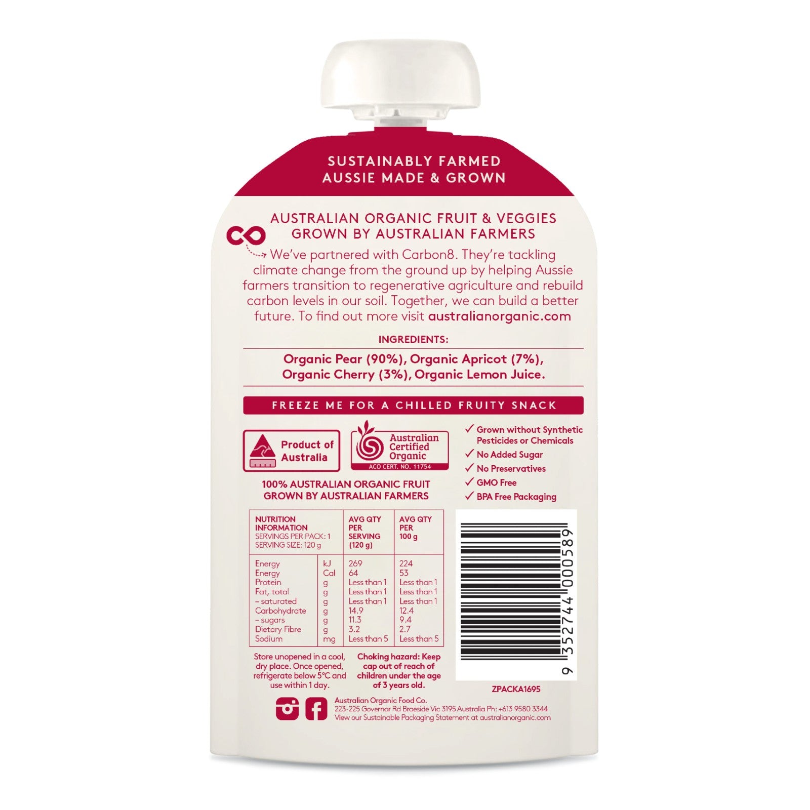 Australian Organic Food Co. Pear, Apricot & Cherry Fruit Puree 120g