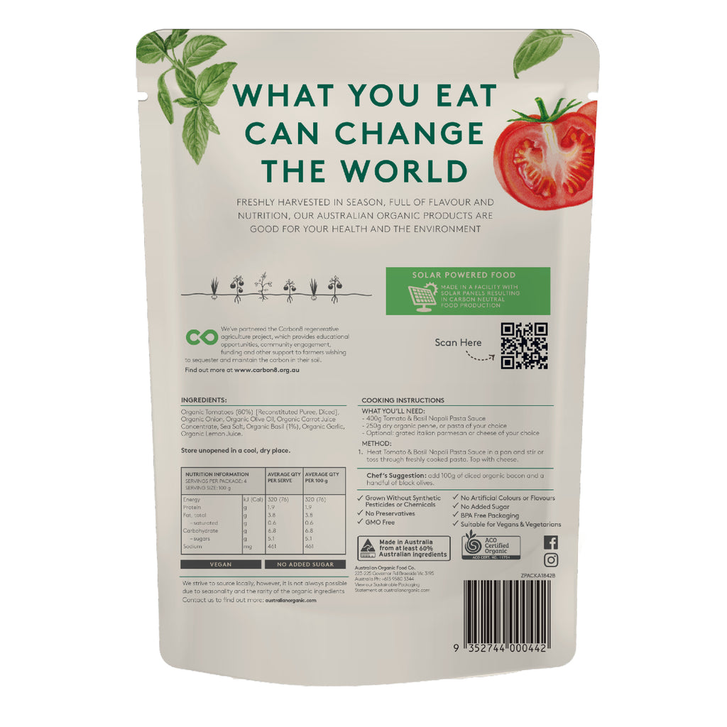 Australian Organic Food Co. Tomato & Basil Napoli Pasta Sauce 400g