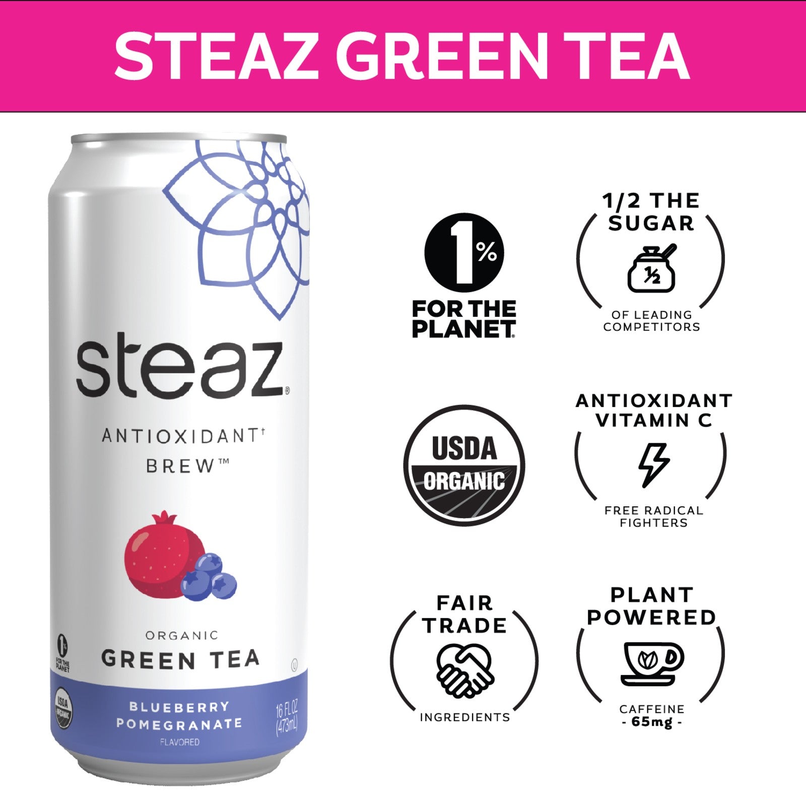 Steaz Organic Lightly Sweetened Blueberry Pomegranate Iced Green Tea 473ml