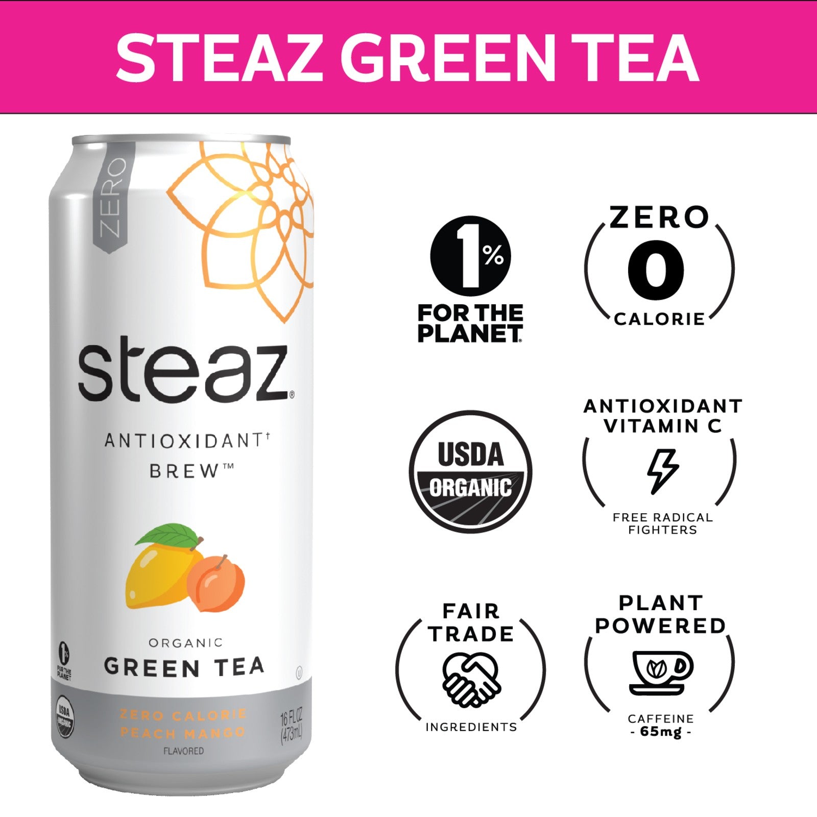 Steaz Organic Zero Calorie Peach Mango Iced Green Tea 473ml
