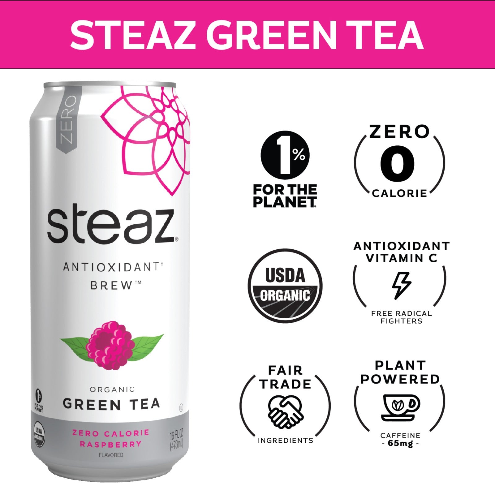 Steaz Organic Zero Calorie Raspberry Iced Green Tea 473ml