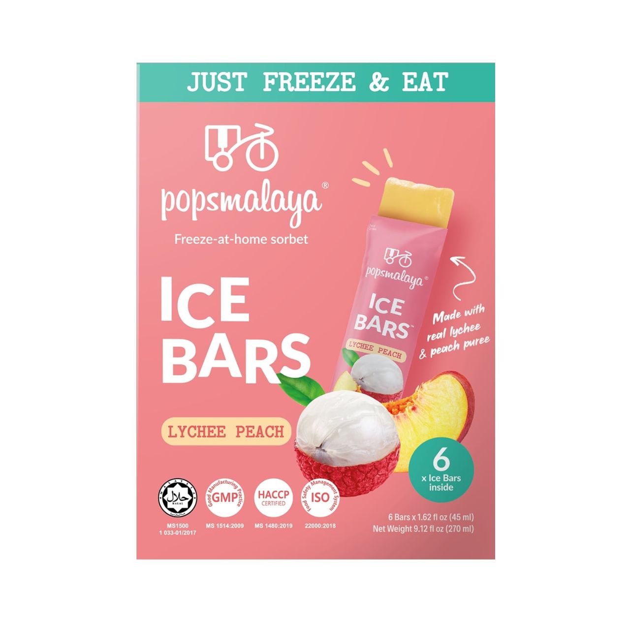 Popsmalaya Ice Bars Lychee Peach (45ml x 6 bars)