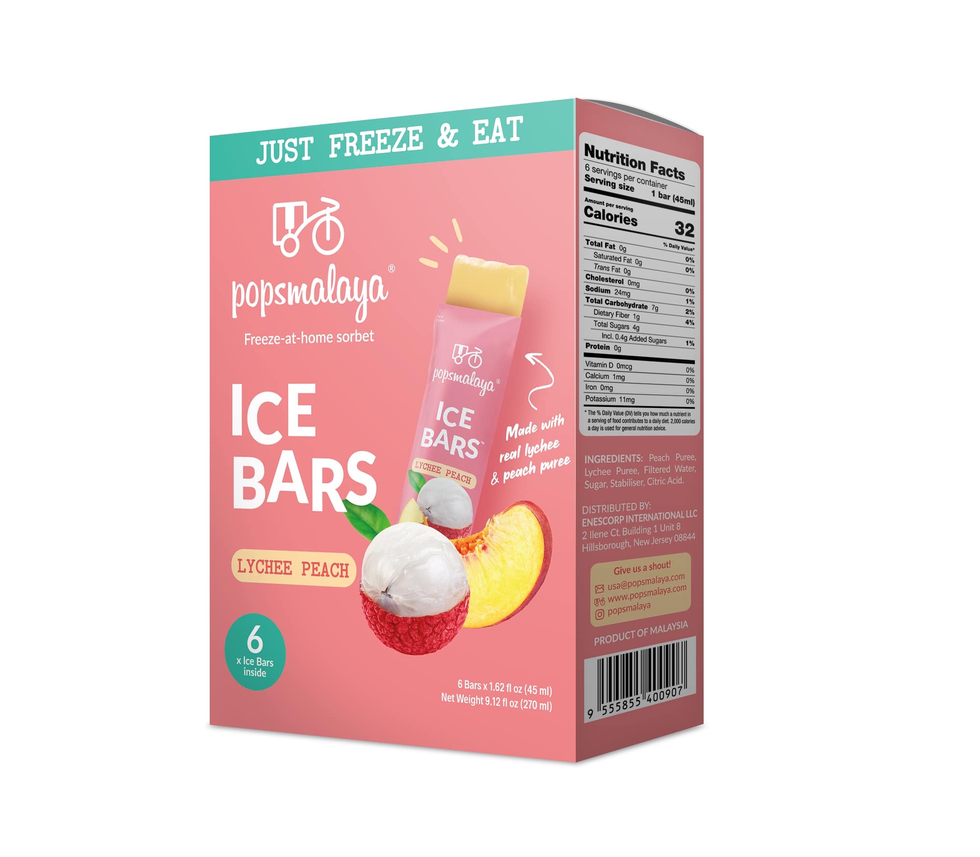 Popsmalaya Ice Bars Lychee Peach (45ml x 6 bars)